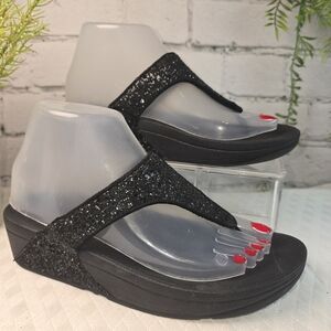 FITFLOP BLACK GLITTER SPARKLE FLIP FLOP THONG SANDAL SLIP ON WOMENS 6